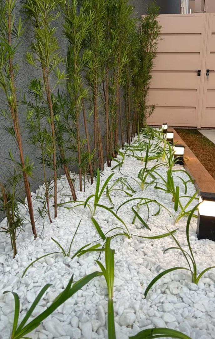 Canteiro com plantas variegadas e cobertura de seixo branco, junto a muro