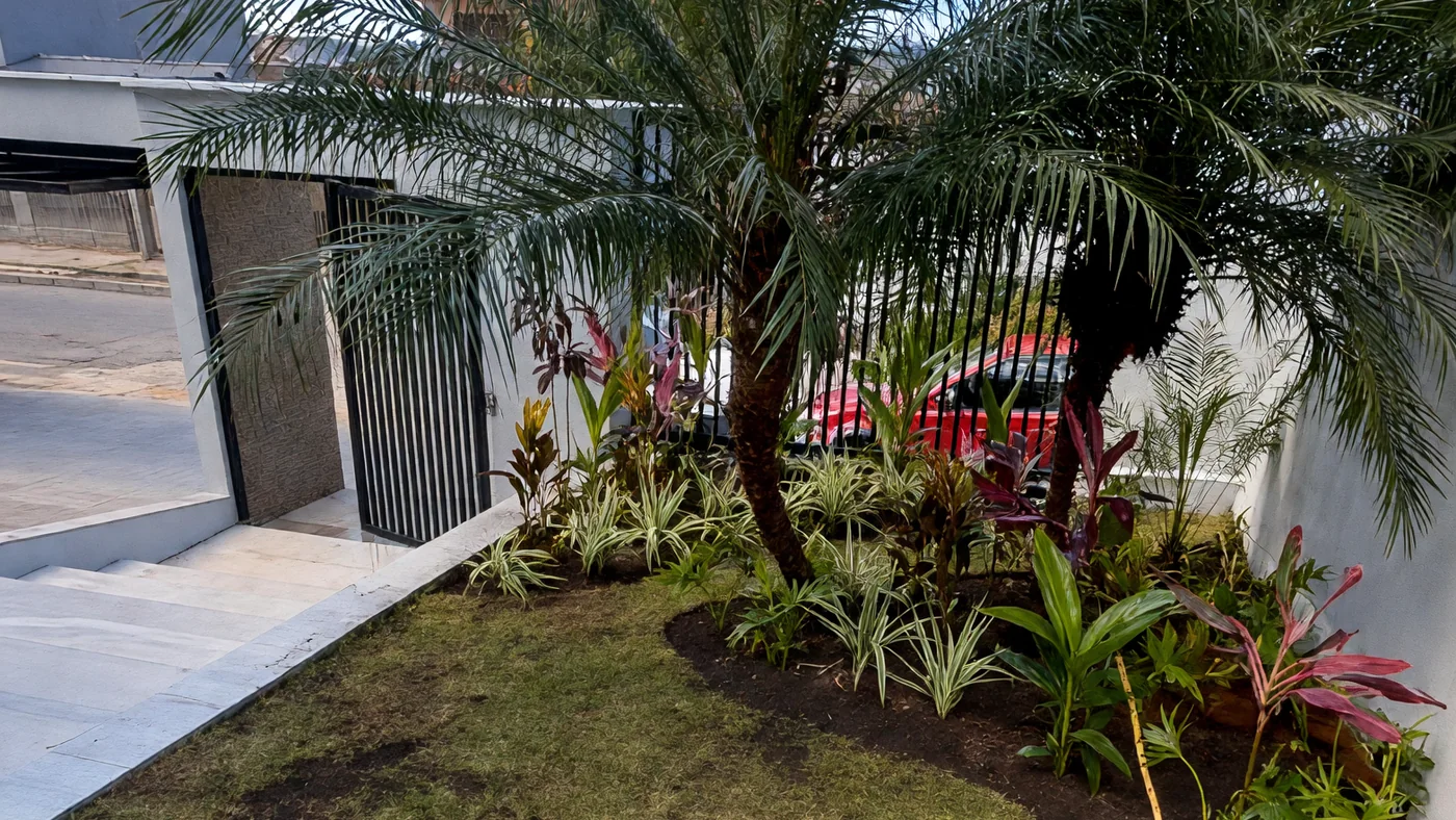 Jardim de entrada com duas palmeiras, canteiro de folhagens e gramado junto ao portão