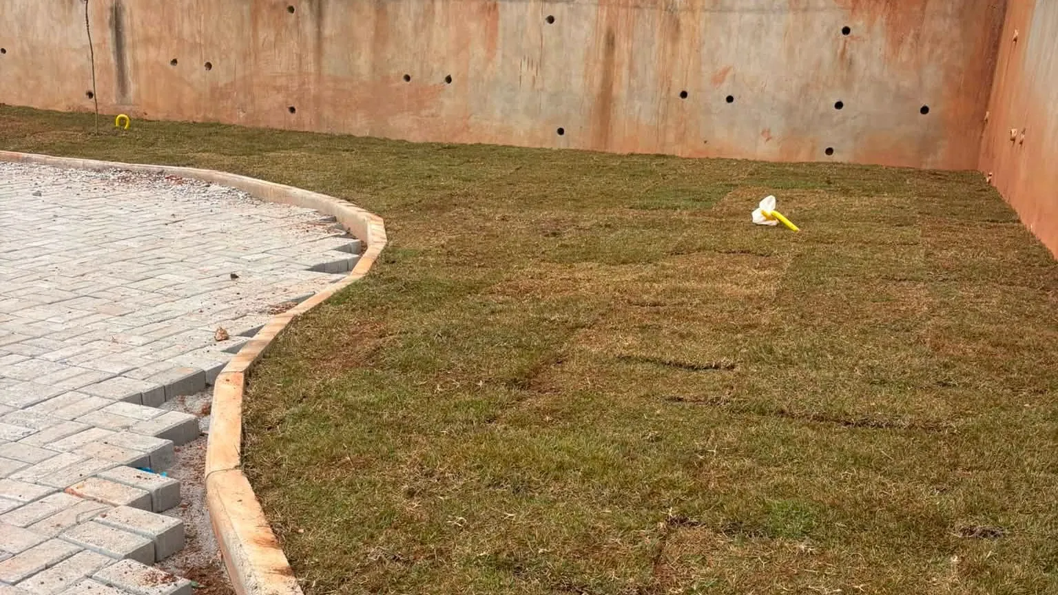 Gramado recém-plantado junto a um muro de arrimo, com meio-fio curvo e calçada de bloquete