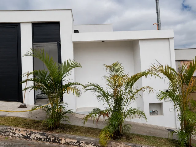 Canteiro recém-plantado com palmeiras e folhagens diante de uma casa branca